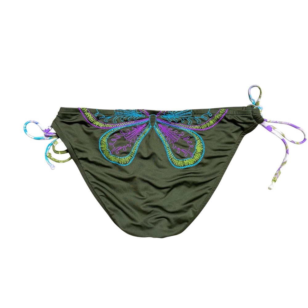 Lucky Brand Olive Green Butterfly Embroidered Side Tie Bikini Bottom